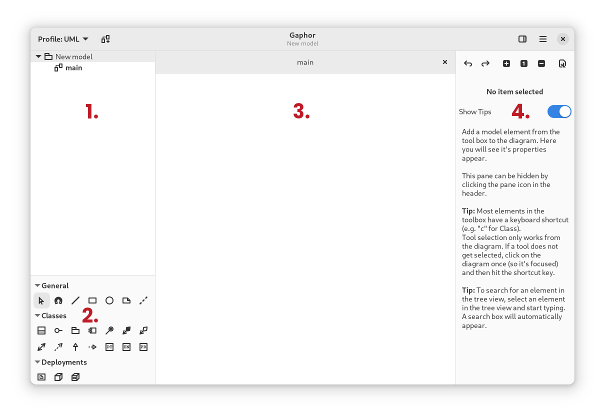 Gaphor 主窗口示意图，图中数字对应界面各组成部分。